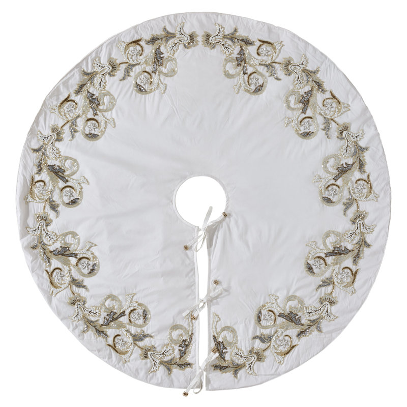 Hand Beaded Cream Silk Christmas Tree Skirt, 60" Diameter