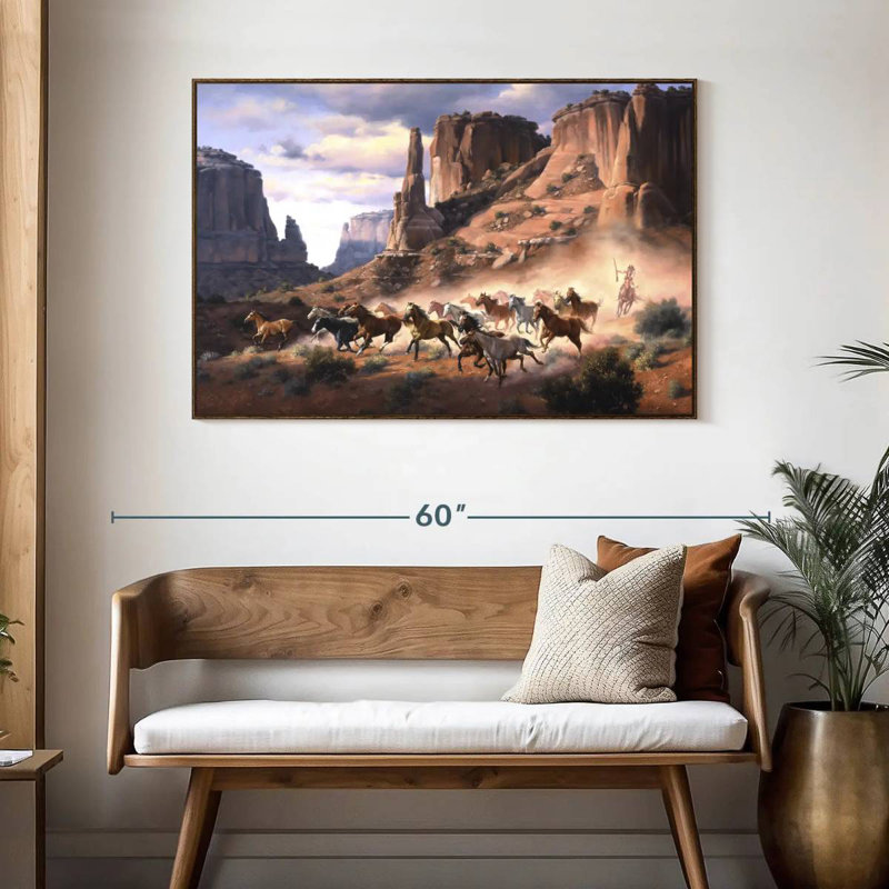 Grès et chevaux volés, 46 po x 31 po, Cadre flottant noyer