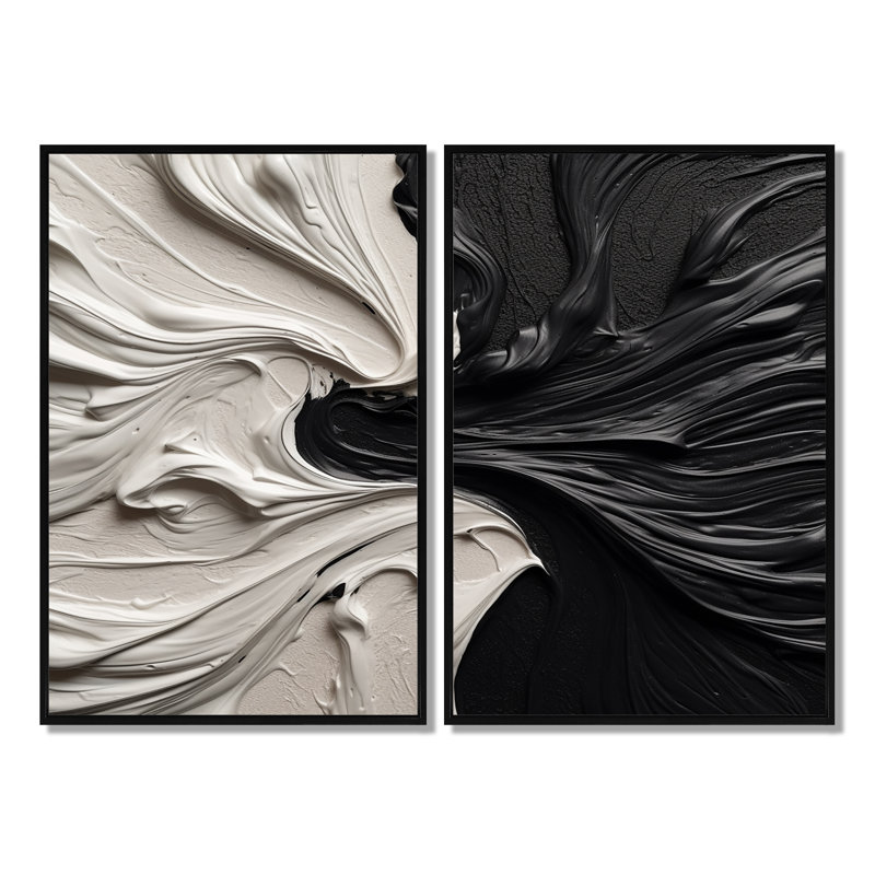 Grand décor mural géométrique abstrait noir et blanc marbré Dreamscape III, Black, 36" H x 48" W