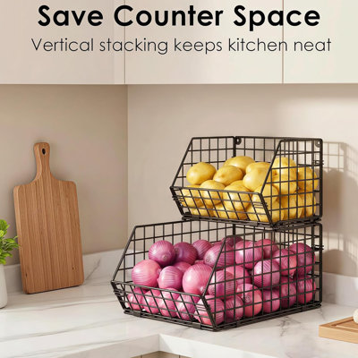 2-Tier Stackable Wire Baskets for Counter, Potato and Onion Storage Bin, Fruit and Vegetable Storage Bins with Ventilated Mesh，Kitchen Pantry Organizer - Wall Basket for Produce/Snack/Can, Black