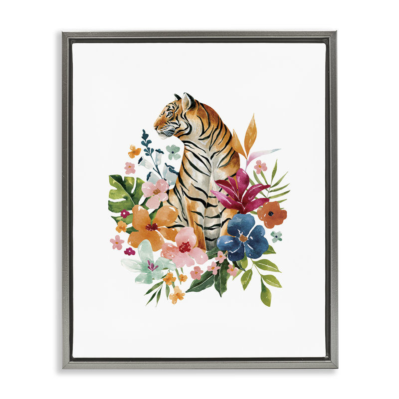 Cadre flottant avec tigre de la jungle tropicale, design par Bethany Sandoval, Cadre flottant gris lustré, H 31 po x l 25 po