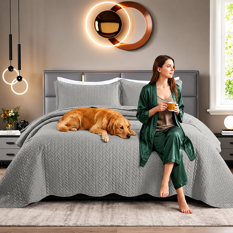Embossed Microfiber Quilt Coverlet Set, Gray, Twin ( 66 Inc x 86 Inc )