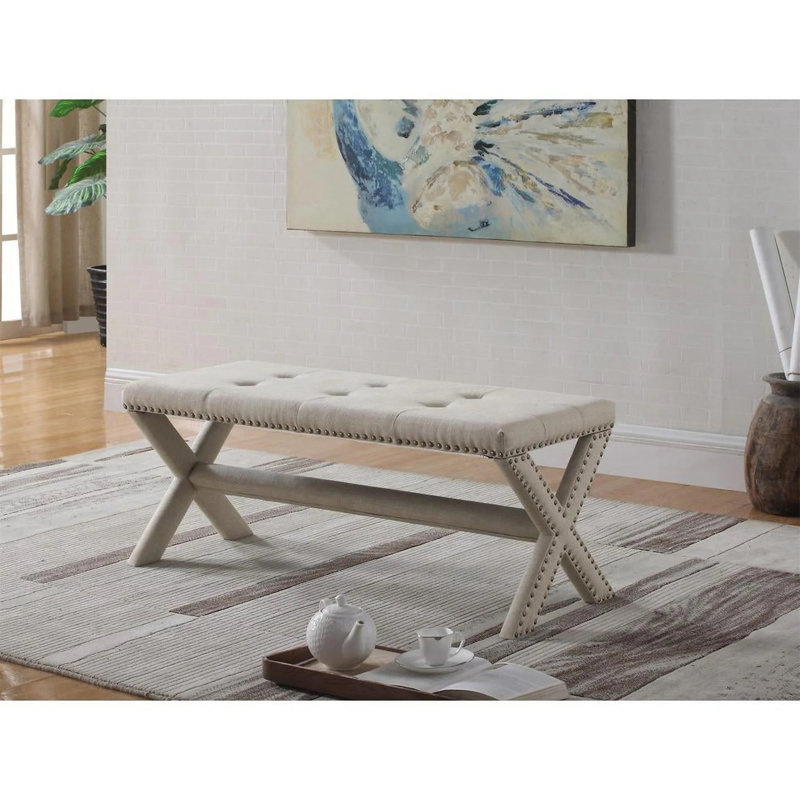 Glam Accent Bench With Nailhead Trim, Light Gray