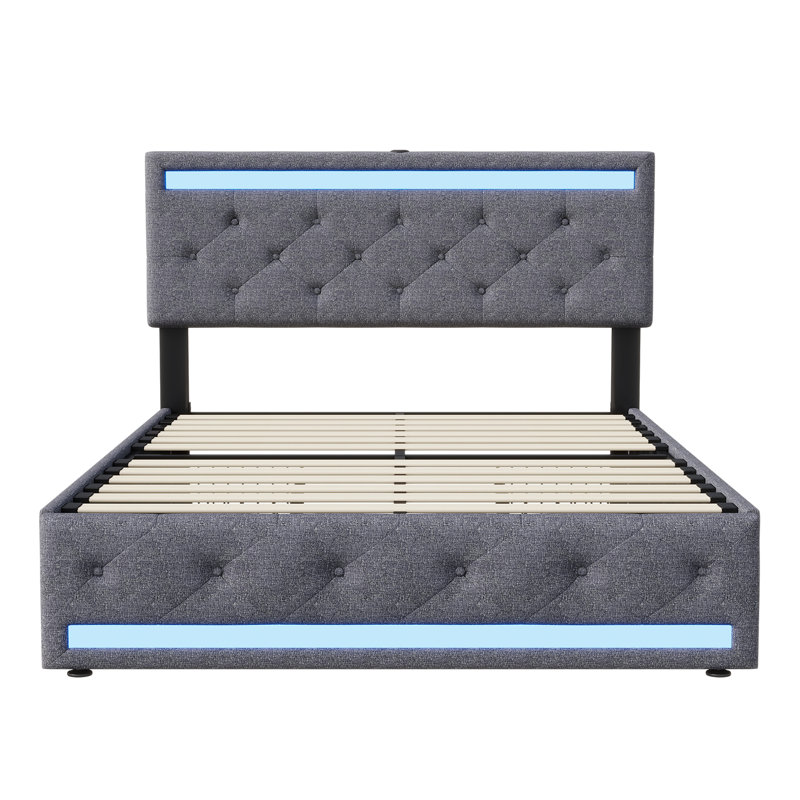 UK&EU Size Smart LED Linen Upholstery Drawer Storage Bed With Charging Station Headboard, 2 USB&1 Type-C, Dark Grey,  90/140/160X190/200cm)