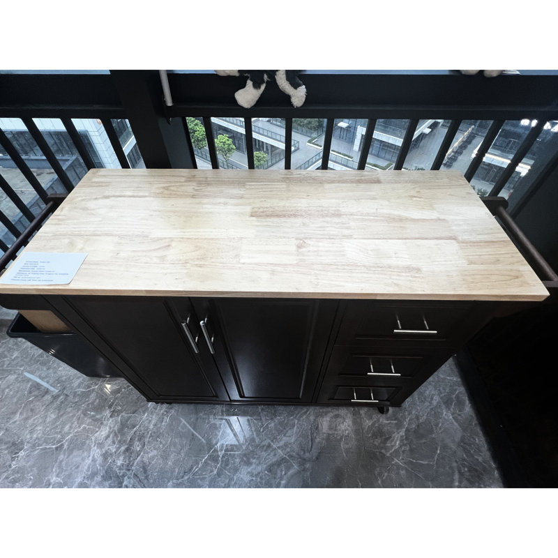 Chariot d'îlot de cuisine portatif en bois de 54 pouces avec 3 tiroirs, table de bout, support à épices et serviette pour petit comptoir, compact