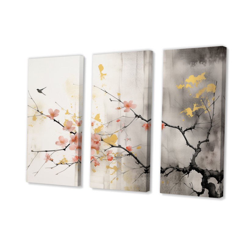 «Asian Art Sumi Blossom I» sur toile, reproduction de 3 pièces, H 28 po x l 36 po x P 1 po