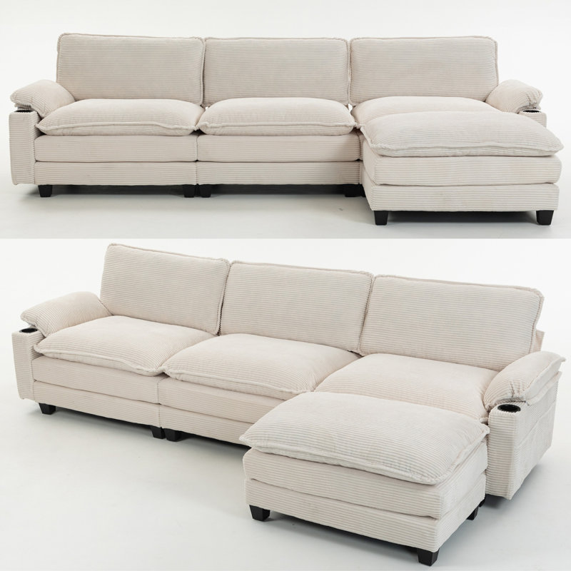 Canapé modulaire en forme de L de 113 po avec repose-pieds en velours côtelé de 113 po, canapé 3 + 1 places avec éponge à haute résilience 35D, porte-gobelets et sacs de rangement, coussin épais à double couche