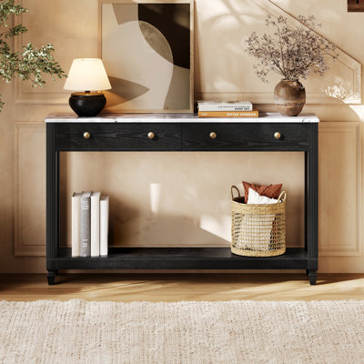 Console 55 po en marbre avec tiroirs et tablette de rangement, canapé d'entrée de ferme avec pieds cannelés, noir