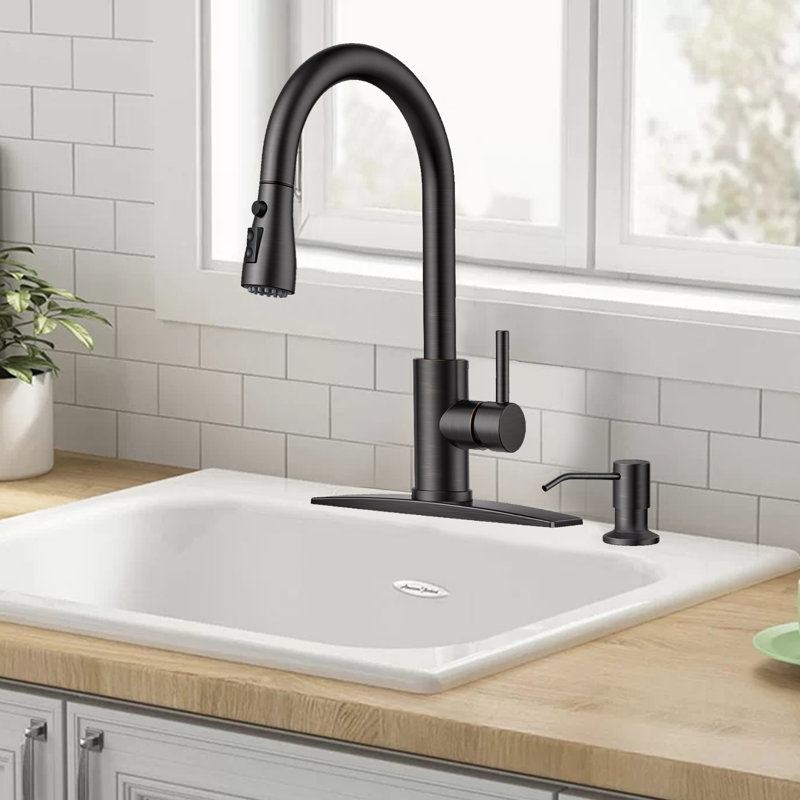 Kitchen Faucet, Pull-Down Sprayer High Arc Single Handle, With Soap Dispenser, Classic 3-Mode Faucet, Suitable For Kitchen Sink Laundry Room.