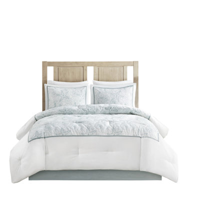 King Size Comforter In White, 100% Cotton, Dark Embroidery, , Oversized And Warm, Includes Comforter, Bed Skirt, 2 Shams, Filling, For Extra Comfort,