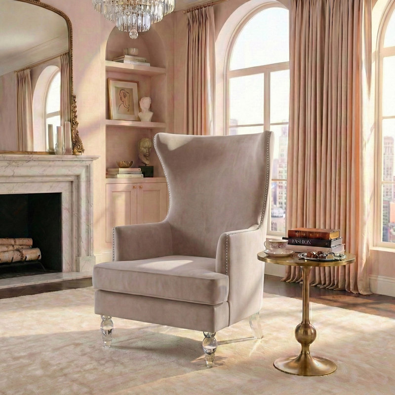 Fauteuil à oreilles en velours Bree d'une largeur de 73,914 cm, Velours taupe pâle