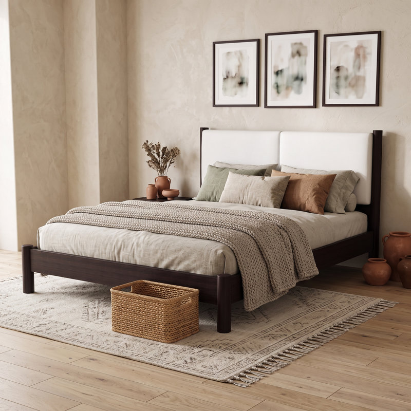 Lit standard grand en bois avec tête de lit en similicuir, Espresso, Queen