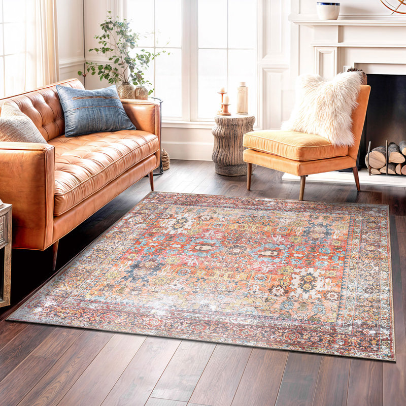 Transitional Distressed Machine Washable Non Slip Area Rug, 6'7" Square
