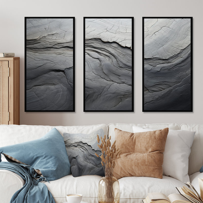 «Gray and White Stone River III - Abstract», reproduction d'art murale, H 28 po x l 36 po x P 1 po, Cadre flottant noir