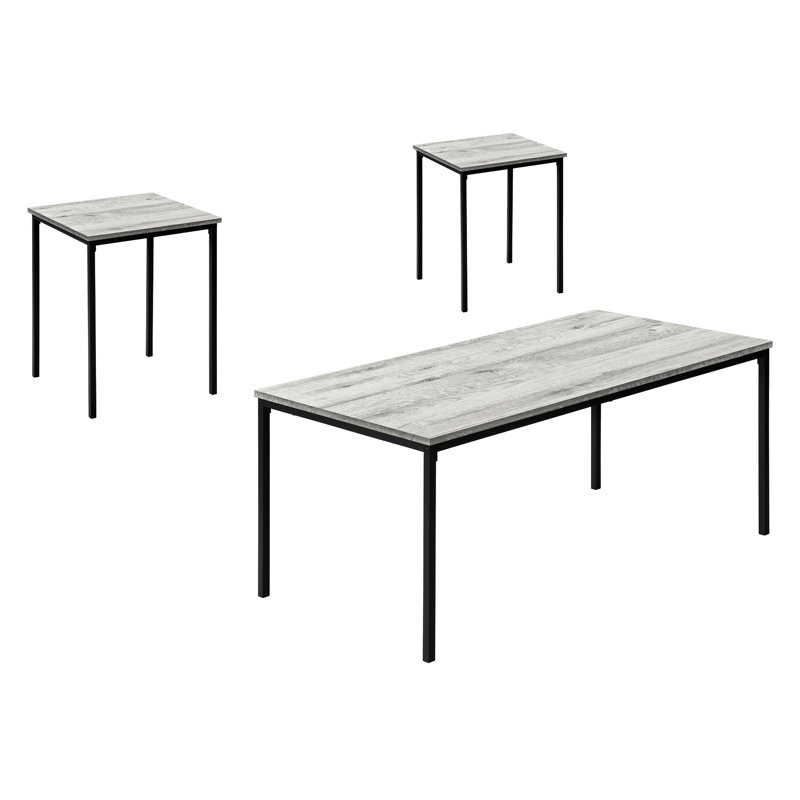 Moderne 3 tables basses, 2 tables basses et 2 tables de bout, dessus en stratifié gris, structure en métal noir avec détails