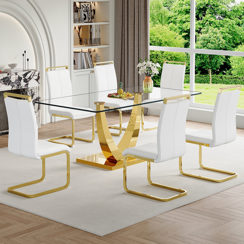 Glass Dining Table Set, White, 7