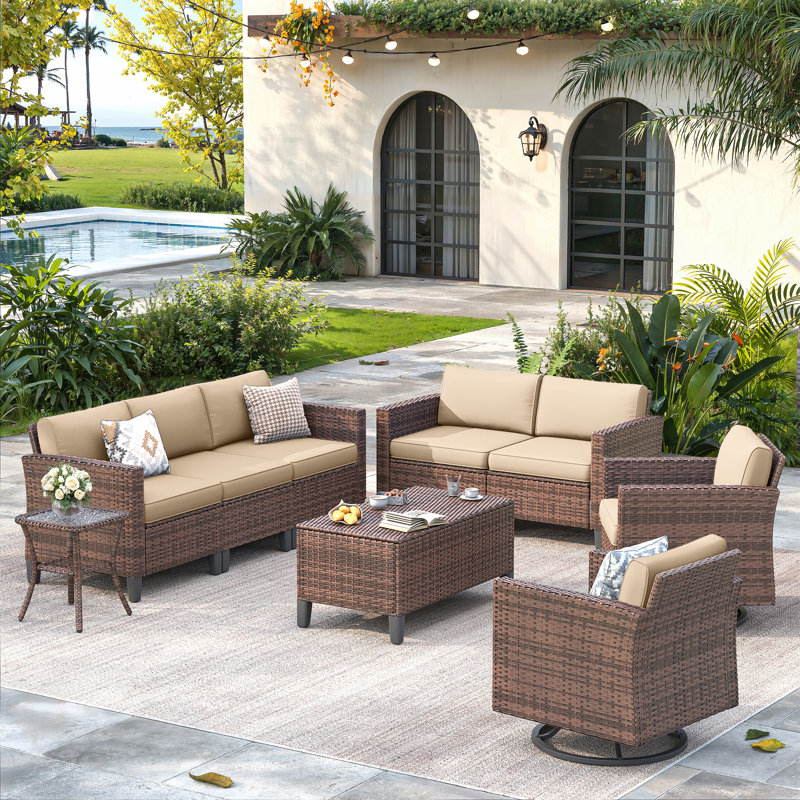 6-Piece Outdoor Patio Set With 360° Swivel Rockers - All-Weather Wicker Conversation 7 Seating, Beige