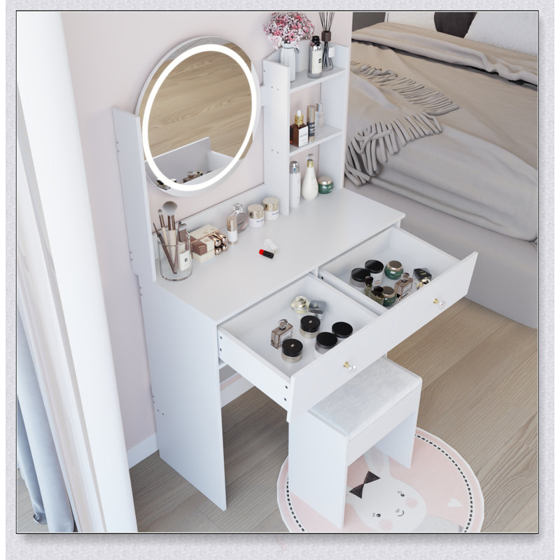 17 Inch Round LED Mirror Vanity Table Set With Soft Cushion Stool, Adjustable Brightness, Multi-Layer Storage, Ideal For Small Spaces