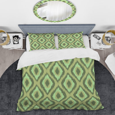 Green Ikat Ogee - Ensemble de housse de couette abstrait - Microfibre de polyester