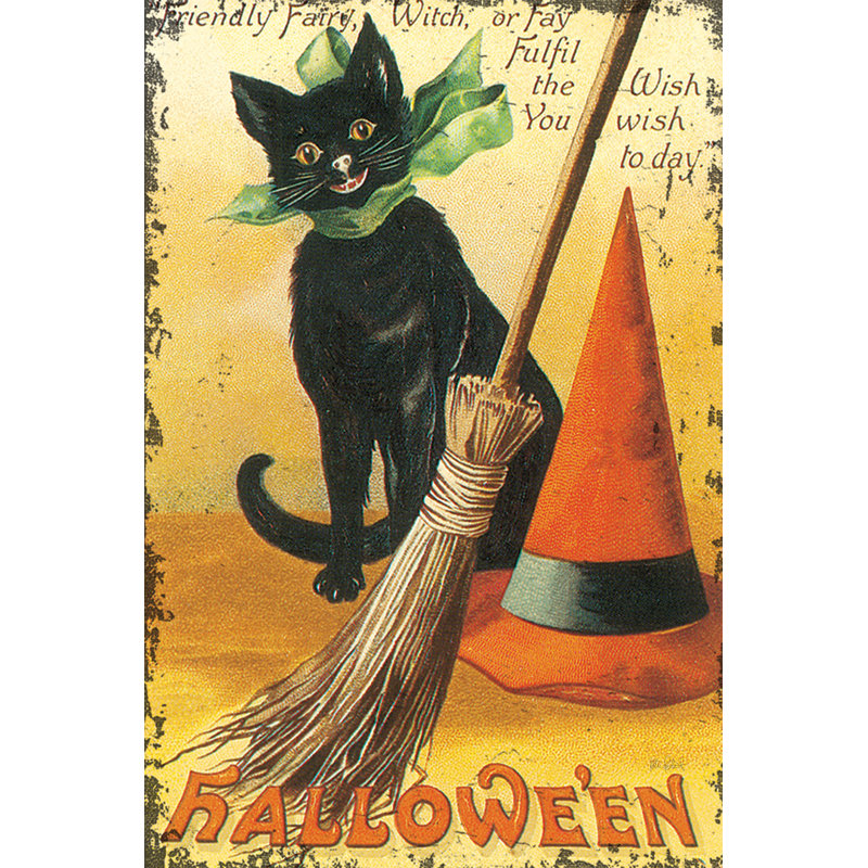«Halloween Nostalgia Cat with Broom» par Katie pertiet - impression sur toile tendue, H 12 po x l 8 po, No