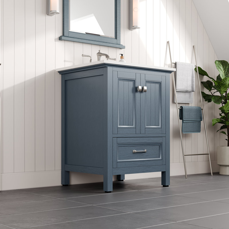 Glebs 24 po X P 22 po D Meuble-lavabo autoportant bleu cendré avec plateau en quartz de Carrare blanc