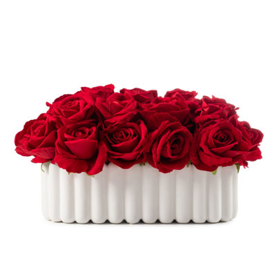 Faux Rose Arrangement in White Vessel