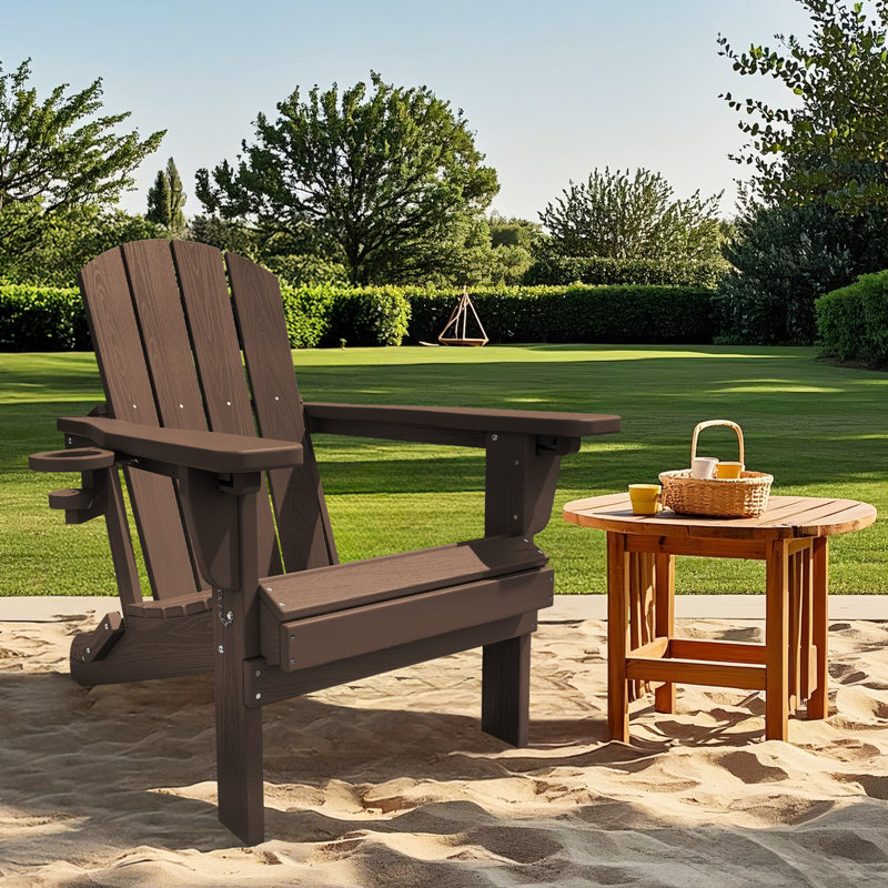 HDPE Outdoor Foldable Adjustable Back Adirondack Chair with Cup Holder, Coffee