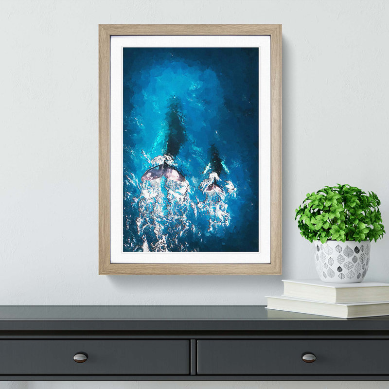 Mother and Calf Humpback Whale in Abstract - Picture Frame Graphic Art Print, Oak Framed, 87cm H x 62cm W x 2cm D