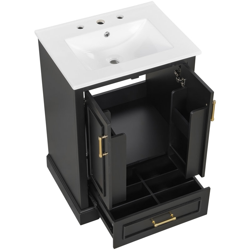 Meuble-lavabo 24 po avec lavabo, armoire en panneau de fibres à densité moyenne avec cadre en bois massif, 1 tiroir divisé et 2 portes à fermeture douce avec supports de rangement à deux portes, meuble-lavabo autoportant