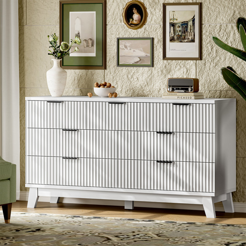 57" Wide 7-Drawer Fluted Dresser, Extra Wide Wave Design Storage Cabinet, Low Profile Chest of Drawers for Bedroom, TV Stand for Living Room, White
