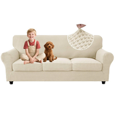 Housse de canapé extensible 4 pièces pour canapé à 3 coussins Housse de protection pour animaux de compagnie pour chien Housse de protection pour meuble lavable et épaisse avec sangle antidérapante (beige, 71 po à 91 po)
