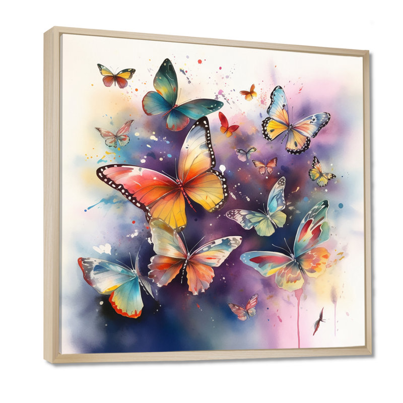 «Purple Butterflies In The Air», reproduction d'art sur toile, H 36 po x l 36 po, Cadre flottant érable
