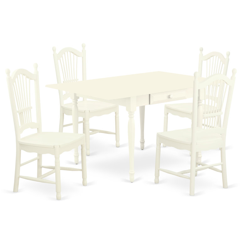 L'ensemble 5 pièces de table et chaises de cuisine comprend une table de salle à manger rectangulaire avec Dropleaf et 4 chaises, lin blanc