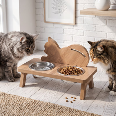 Modern Natural Wood Cat-Shaped Double Pet Feeder Station (14.6'' W x 6.6'' D x 9.4'' H)