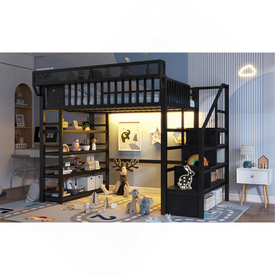 Lit mezzanine double avec support de rangement à 4 tablettes et station de charge, lit mezzanine double en métal avec rangement pour escaliers pour enfants adolescents, produits brevetés