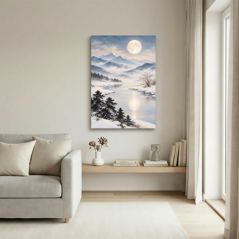 «Misty Snowy Mountains and River with Full Moon Reflection», art mural sur toile, 18"H x 12"W