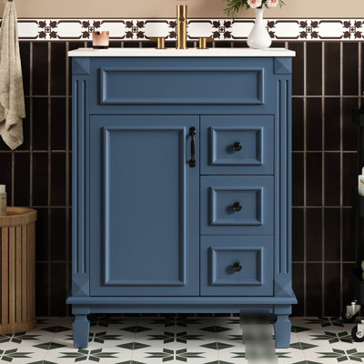 Meuble-lavabo 24 po avec lavabo en céramique, rangement intelligent pour les petites salles de bain, 2 tiroirs profonds, tablette réglable, sculptures à rayures délicates