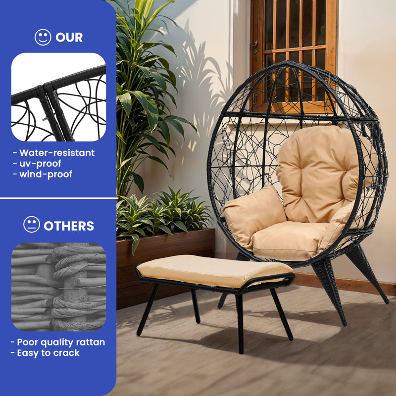 Deelilah Wicker Outdoor Lounge Chair with Ottoman, Beige