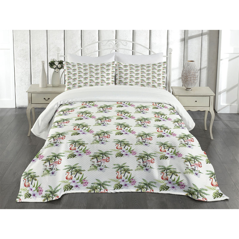 White Quilted Queen Bedspread Set with Tropical Print
