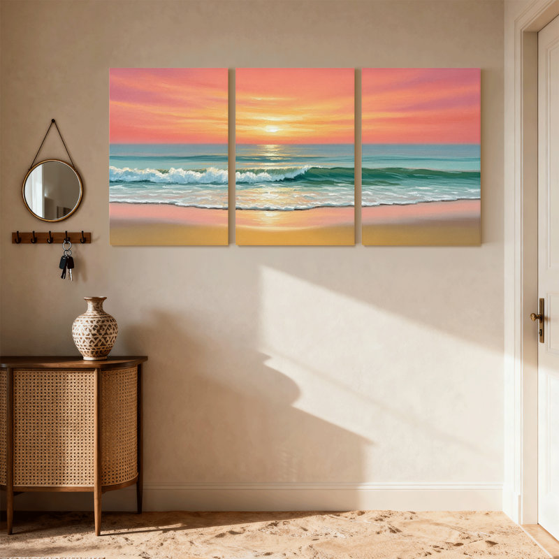 Nautique et plage coucher de soleil océan vagues plage ciel horizon couleur de sable clair ensemble de 3 impressions d'art sur toile