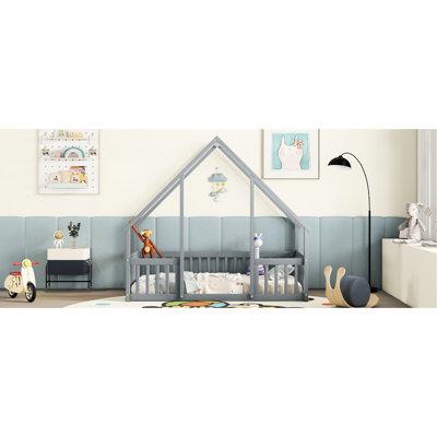 Lit simple gris en forme de maison avec garde-corps et clôture - Fabriqué en pin pour la durabilité, la structure de la maison en bois offre une expérience de sommeil paisible et sécuritaire