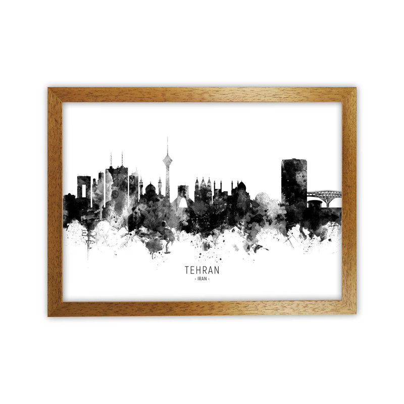 Tehran Iran Skyline Black White City Name by Michael Tompsett - Print, 34cm H x 46cm W x 3cm D, Brown Framed