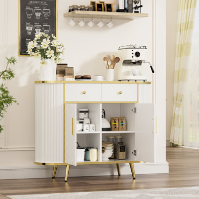 Buffet cannelé blanc et doré avec 2 tiroirs et portes, conception courbée, pour vestibule, salon - apparence élégante, tiroirs fonctionnels intelligents, poids de 93 lb