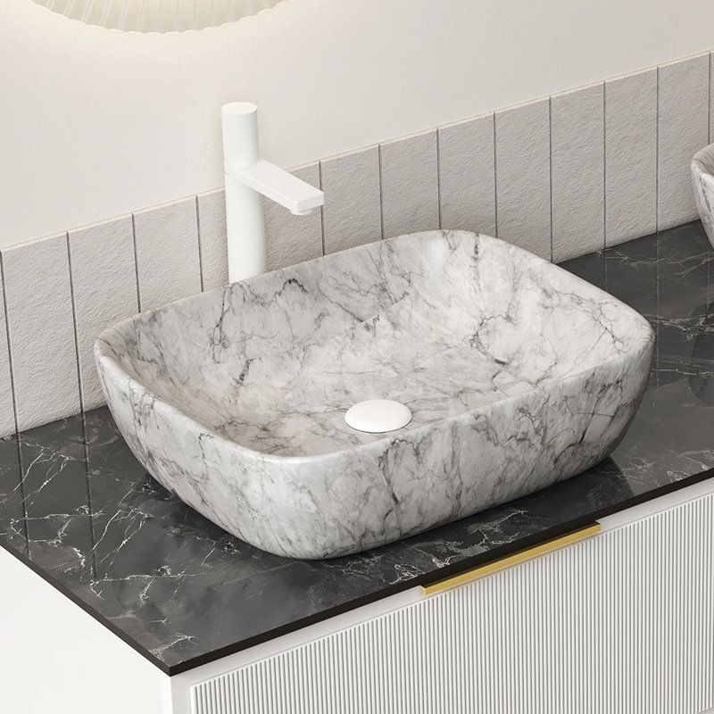 Lavabo de salle de bain en céramique 48 cm (19 po) avec motif marbre blanc, sans meuble, gris pierre, de haute qualité, résistant aux taches, pour une utilisation durable, profondeur 51,4 cm (20,26 po), largeur 40 cm (15,71 po), motif 14,3 cm (5,62 po), sans marque, style simple et caractéristique