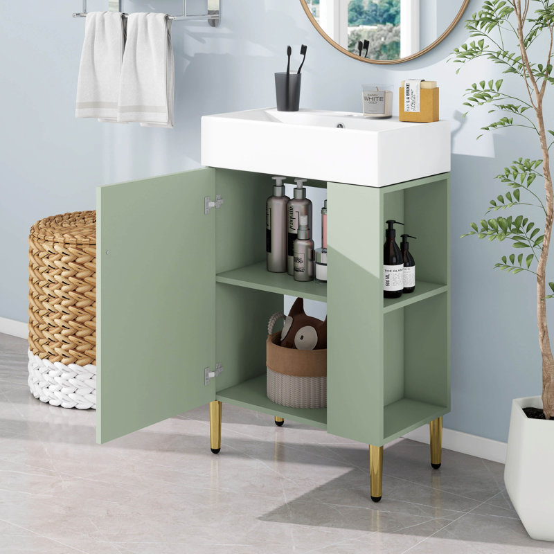 Petit meuble-lavabo 21,6 po avec lavabo en céramique, meuble-lavabo autoportant avec porte à fermeture en douceur, rangement sur le côté droit