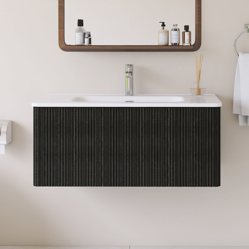 Meuble-lavabo mural simple 36 po avec comptoir intégré en céramique blanche, Noir, 36"