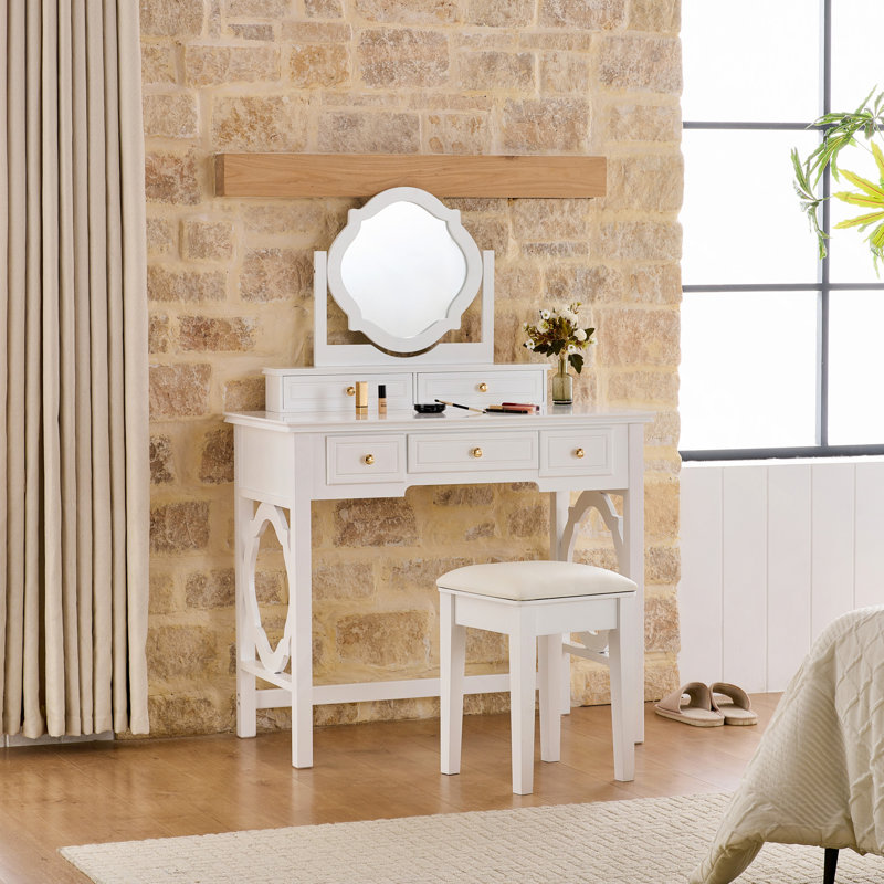 Spacious Storage Vanity Desk with Reversible Four-Leaf Mirror & Cushioned Stool