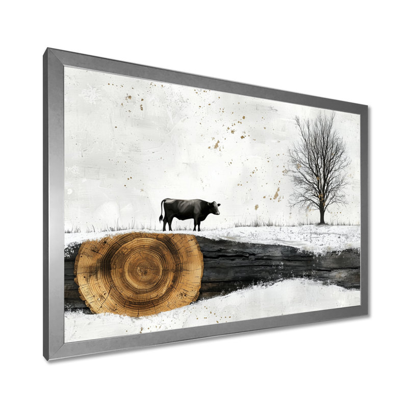 «Donail Winter Farm with Cow In The Field Landscape I», art mural ferme, H 30 po x l 40 po, Avec cadre, Argent