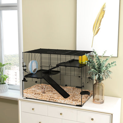 Cage à hamster de 31 po, noire avec accès pratique, cuve en verre, rampes, plateformes, cabane, roue d'exercice pour la retraite des hamsters nains, installation polyvalente,