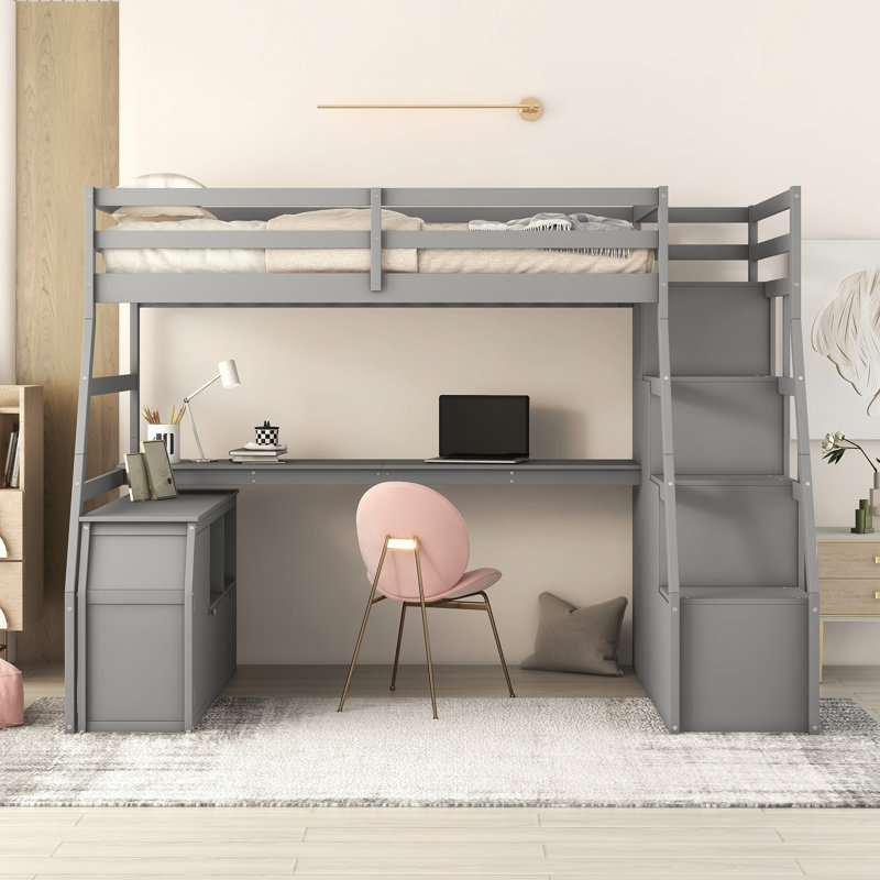 Lit mezzanine avec 7 tiroirs, 2 tablettes et un bureau, Gris